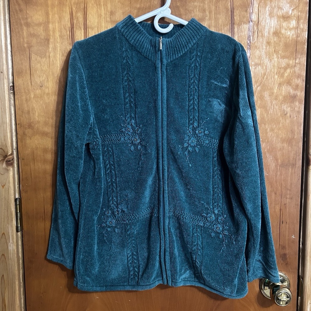 Jenny Vintage Sweater Womens L Green Floral Embroidered Cardigan Cottagecore